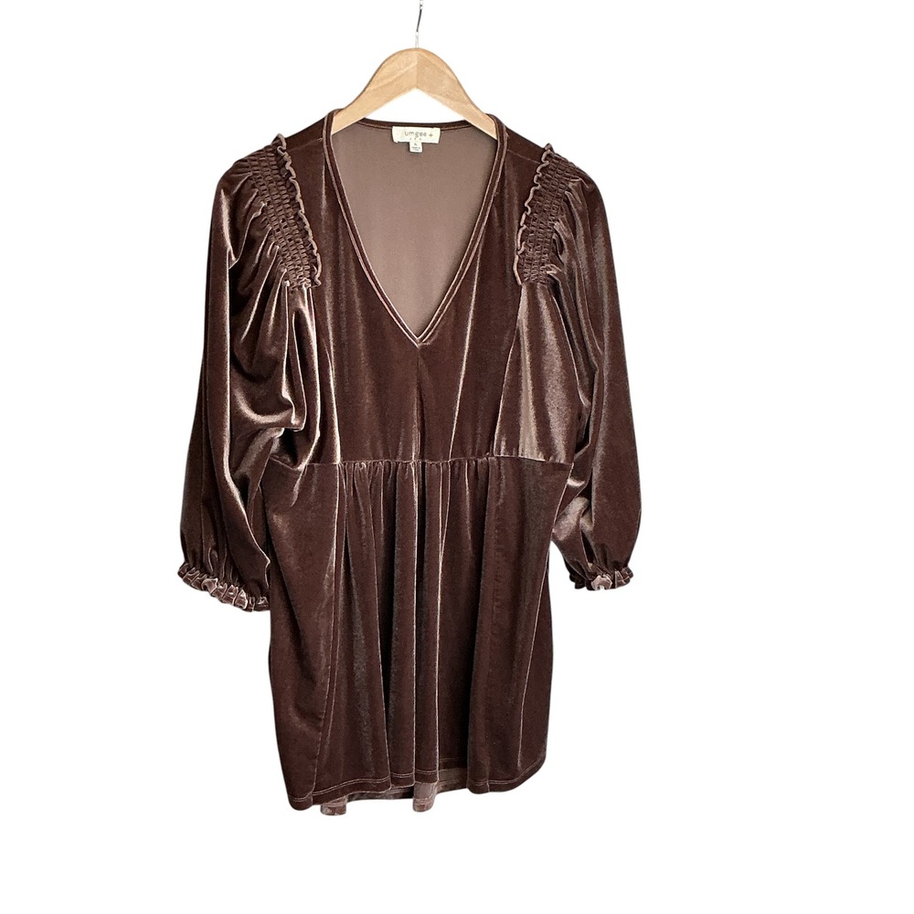 Umgee Brown Velvet Babydoll Mini Dress V-Neck Smocked Pockets XL WA0325 - Picture 2 of 14